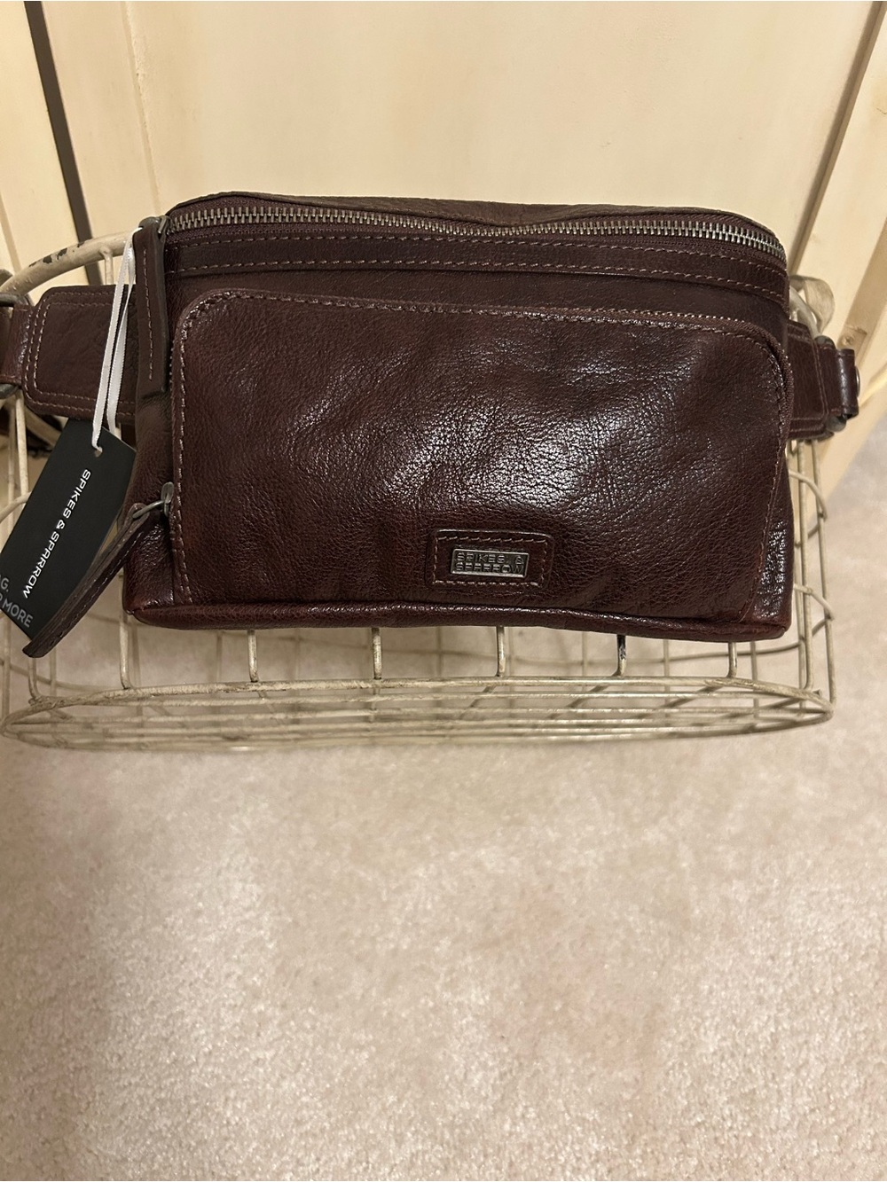 Waist or crossbody Brown Leather Belt Bag with Front Zip Pocket